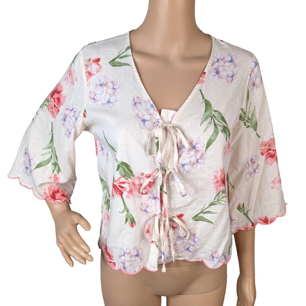 Laura Ashley Ivory Pink Floral Linen Blend Tie-Front Blouse Scalloped Hem XS - Picture 3 of 12